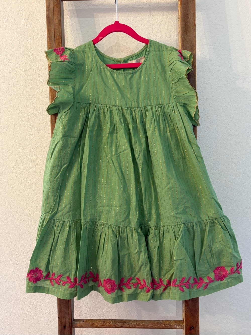 NWT Peek Green Dress with Pink Floral Embroidery Trim